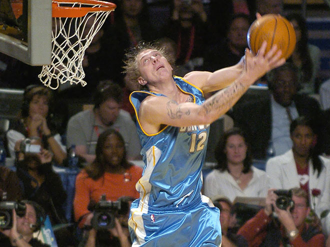 Denver Nuggets' Chris Andersen goes up for a dunk during the Slam Dunk competition, Saturday night, Feb. 14, 2004, in Los Angeles. Indiana Pacers' Fred Jones won the event. (AP Photo/Mark J. Terrill) ORG XMIT: LAS120