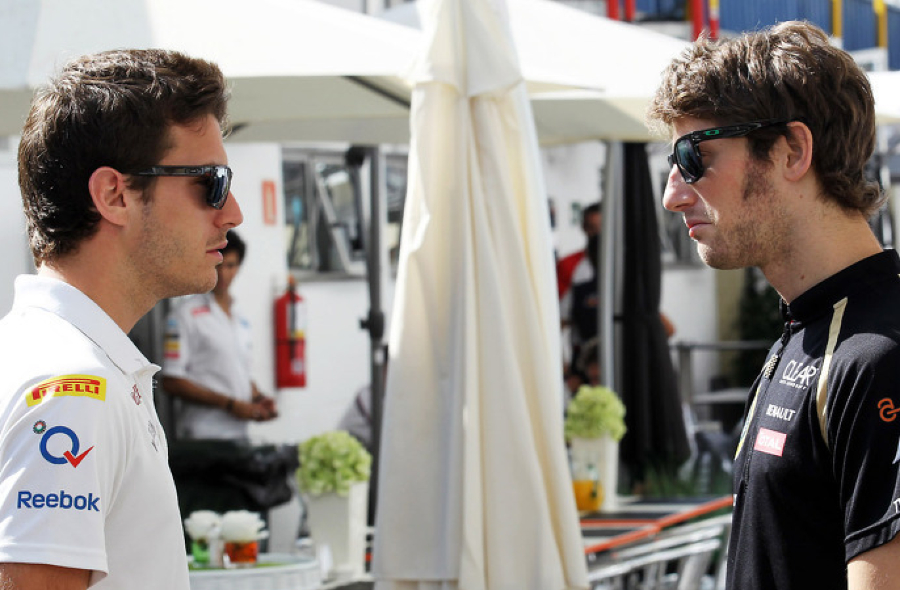 (L to R): Jules Bianchi (FRA) Sahara Force India F1 Team Third Driver with Romain Grosjean (FRA) Lotus F1 Team.23.11.2012. Formula 1 World Championship, Rd 20, Brazilian Grand Prix, Sao Paulo, Brazil, Practice Day.- www.xpbimages.com, EMail: requests@xpbimages.com - copy of publication required for printed pictures. Every used picture is fee-liable. © Copyright: Batchelor / XPB Images