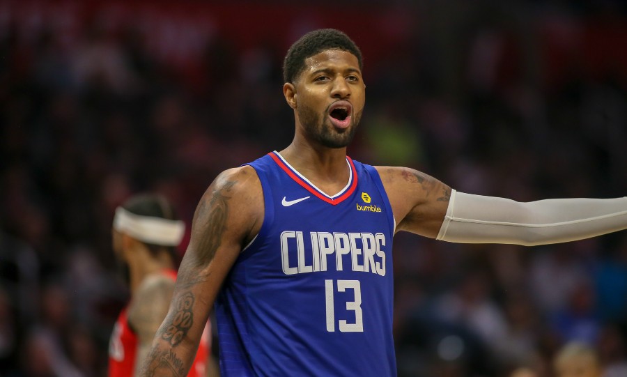 LOS ANGELES, CA - NOVEMBER 24: LA Clippers forward Paul George (13) argues a call during the New Orleans vs LA Clippers NBA basketball game on November 24, 2019, at Staples Center Los Angeles, CA. (Photo by Jevone Moore/Icon Sportswire)  