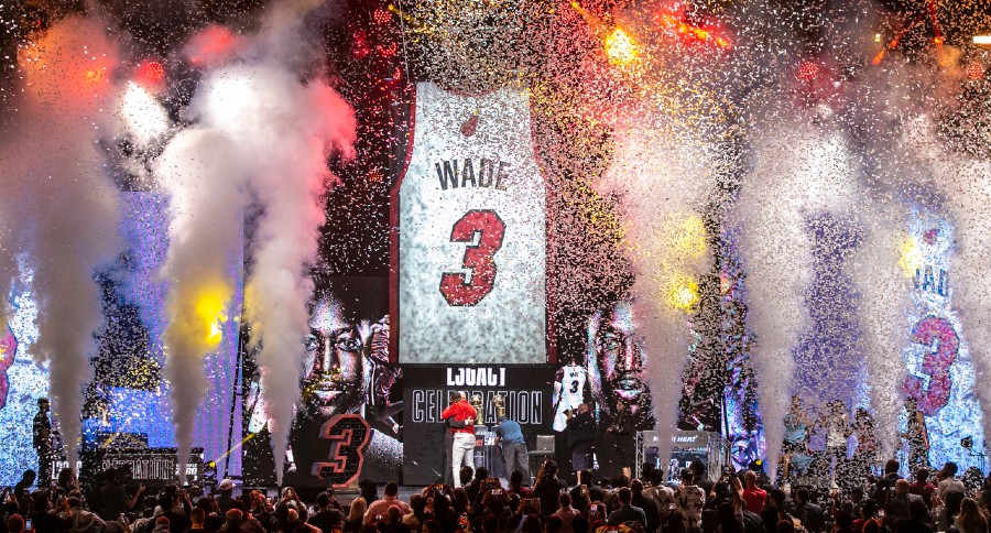 Dwyane Wade and Miami Heat president Pat Riley hug at the closing of &quot;The Flashback&quot; event  at the AmericanAirlines Arena on Friday, February 21, 2020.